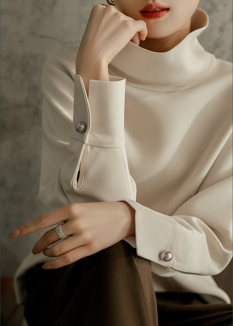 Loose Apricot Colour Turtleneck Button Nail Bead Sweatshirts Long Sleeve Spring