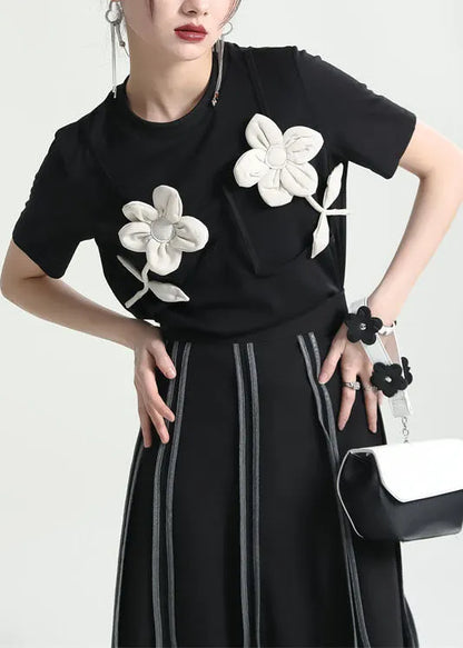 Original Design Black O-neck Patchwork Applique Cotton Tank Tops Short Sleeve