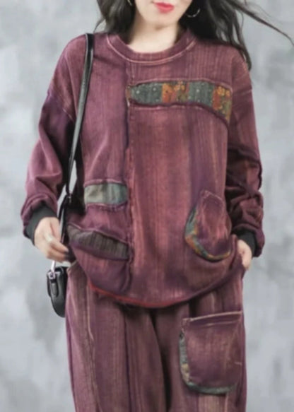 Purple O Neck Pockets Patchwork Cotton Top Spring