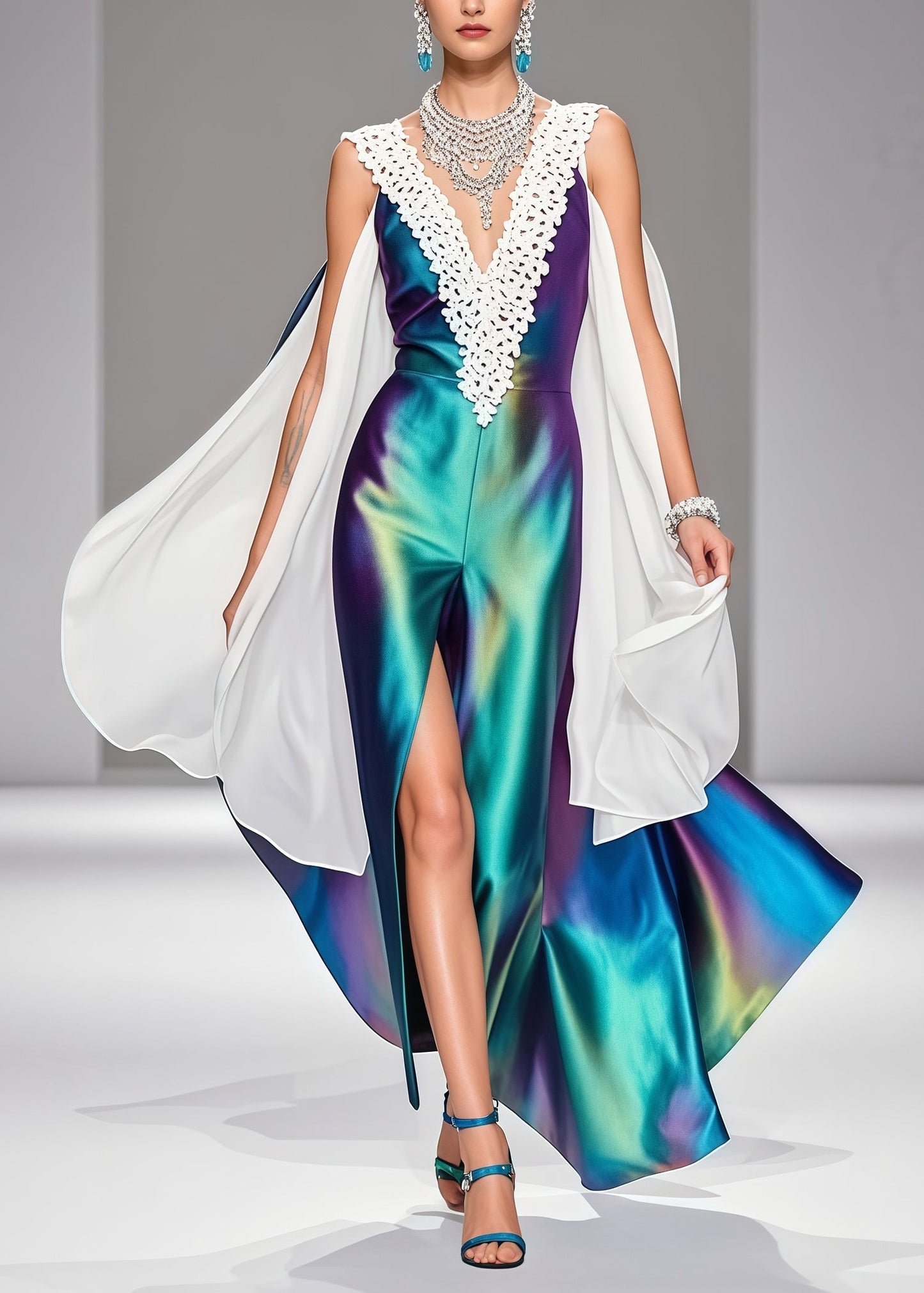 Gradient Color V Neck Patchwork Silk Vestidos Dress Sleeveless