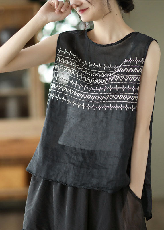 Black Embroideried Linen Tank Tops Sleeveless