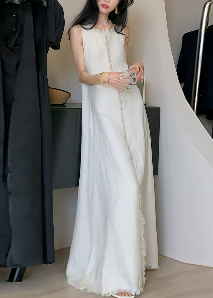 Apricot O-neck Cotton Long Dress Sleeveless