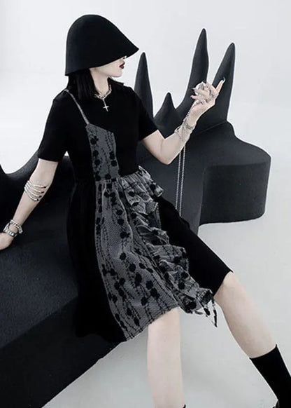 French Black O-neck Asymmetrical Design Patchwork Ruffles Cotton Fake Two Pieces Pleated Dresses Summer