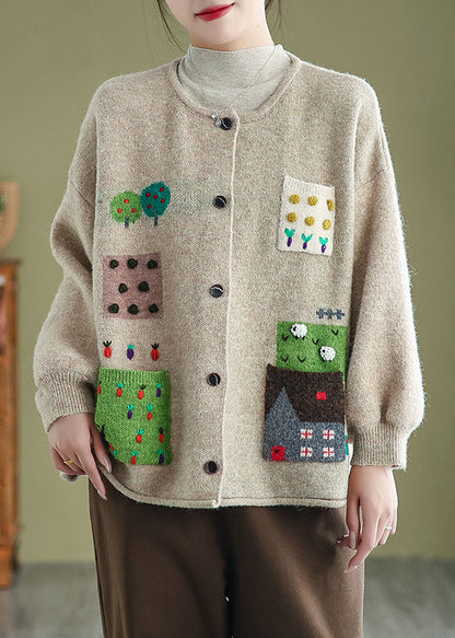 Apricot O Neck Pockets Button Knit Cardigans Coat Fall