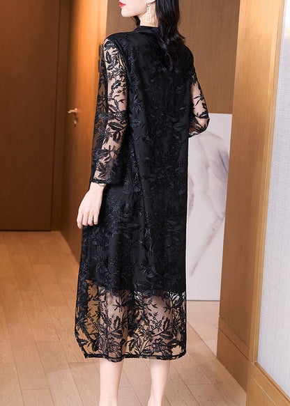 Italian Black Stand Collar Embroideried Pockets Patchwork Tulle Dress Fall