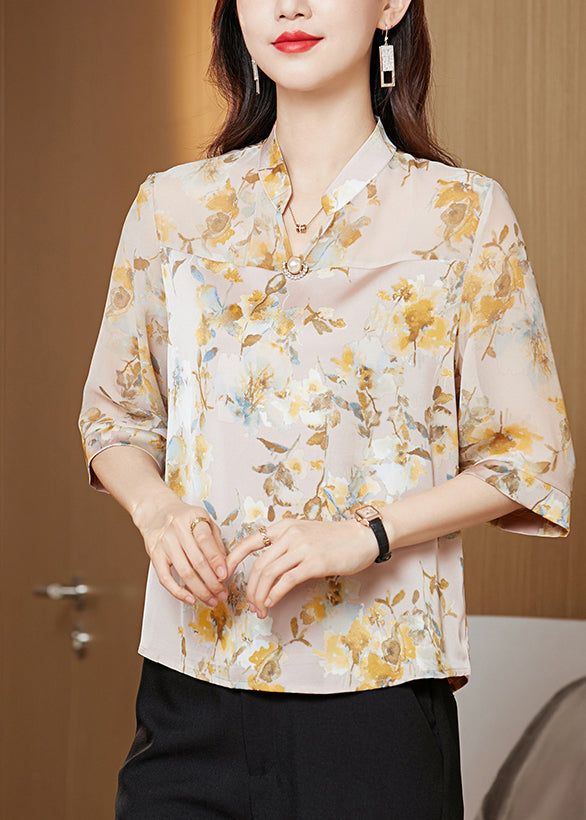 Yellow Stand Collar Print Chiffon Shirt Tops Half Sleeve
