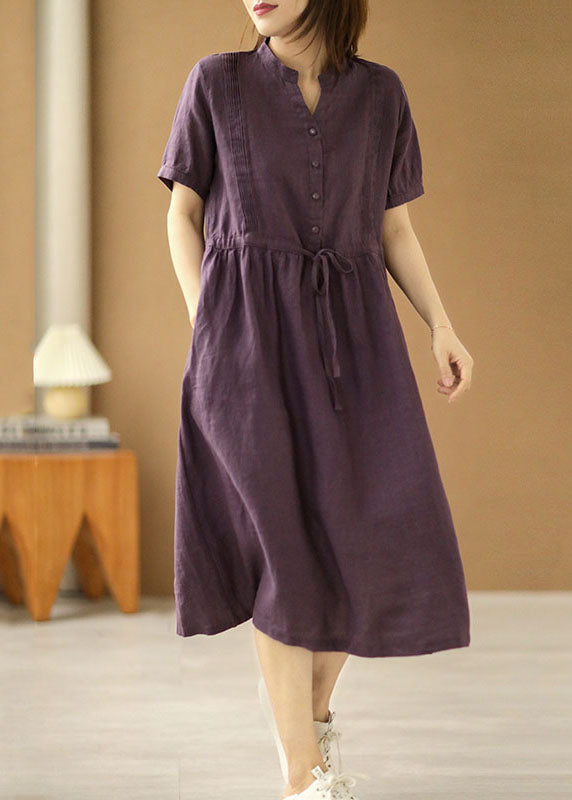 Purple V Neck Wrinkled Tie Waist Linen Long Dresses Short Sleeve