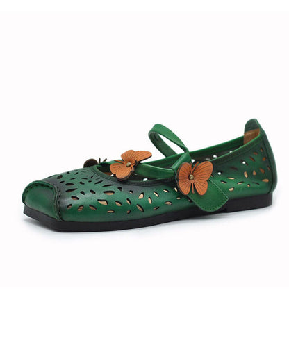 Green Flat Shoes for Cowhide Leather Soft Butterfly Splicing Hollow Out