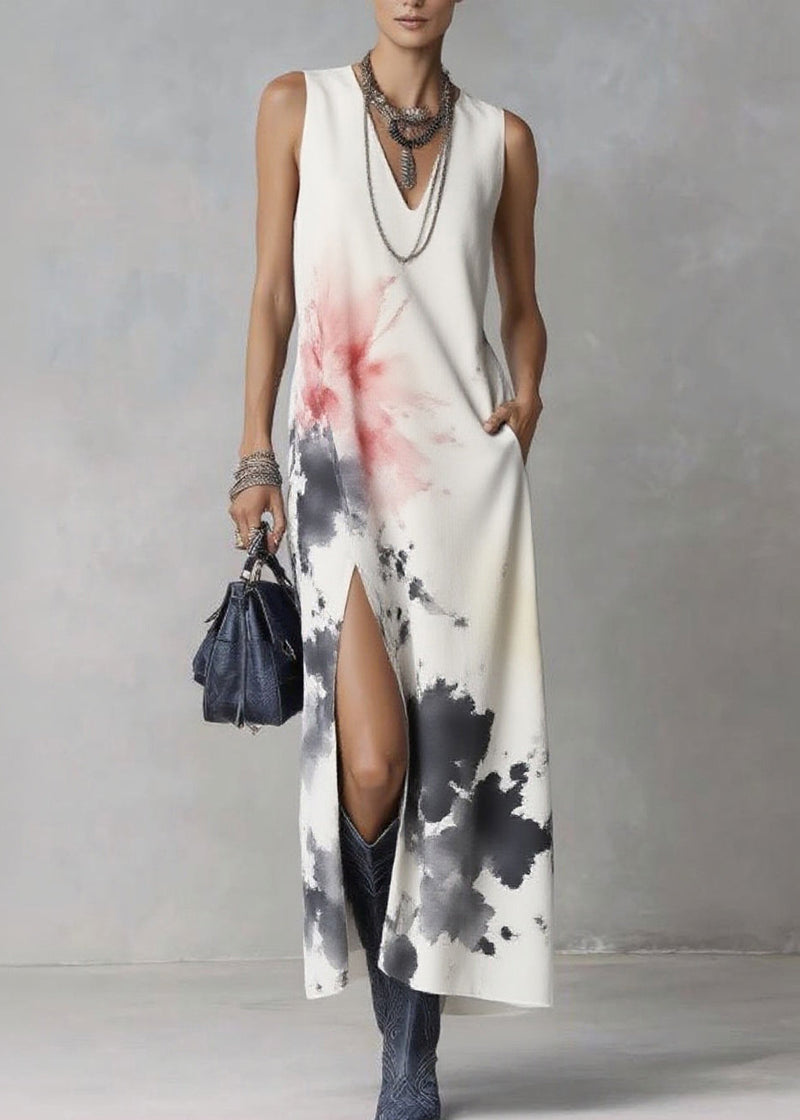 White V Neck Tie Dye Maxi Dresses Sleeveless