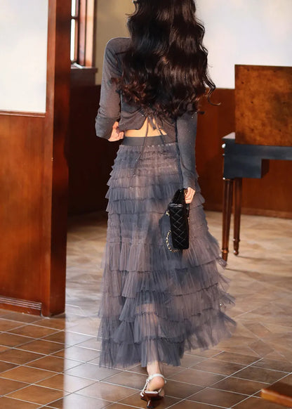 Novelty Grey Cinched Zircon Tops and Tulle Skirts Two Pieces Set Fall