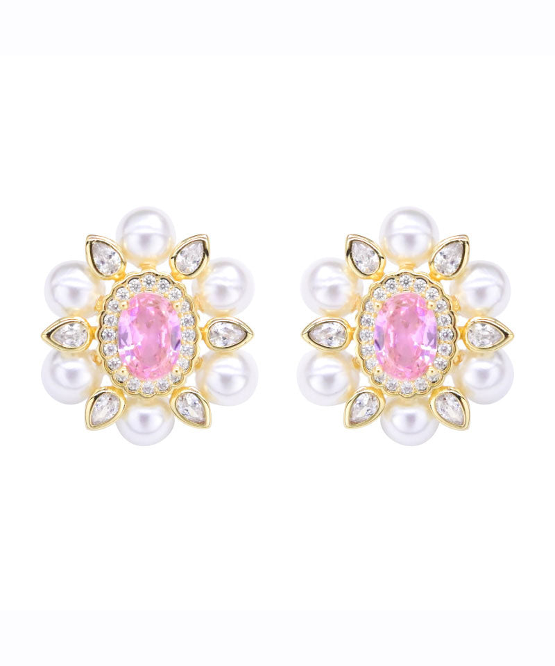 Pink Sterling Silver Crystal Pearl Zircon Stud Earrings