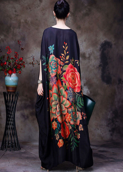Black Original Design V Neck Print Silk Long Dress Batwing Sleeve