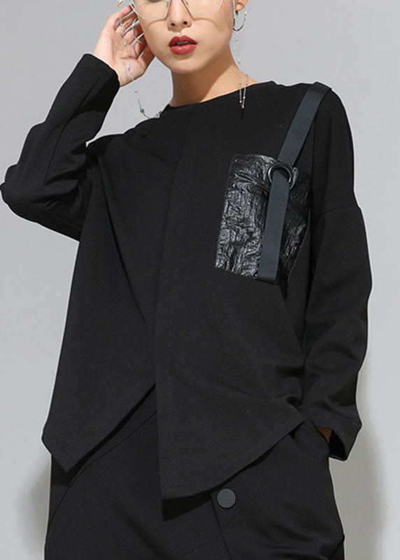 French Black O-neck Pockets Asymmetrical Fall Long Sleeve Tops