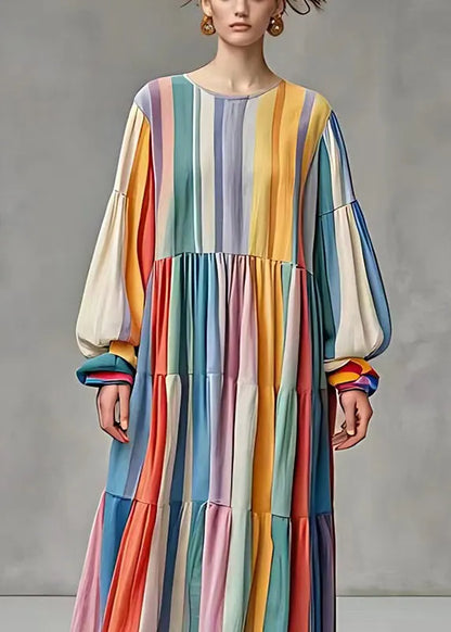 French Rainbow Oversized Striped Cotton Dresses Fall
