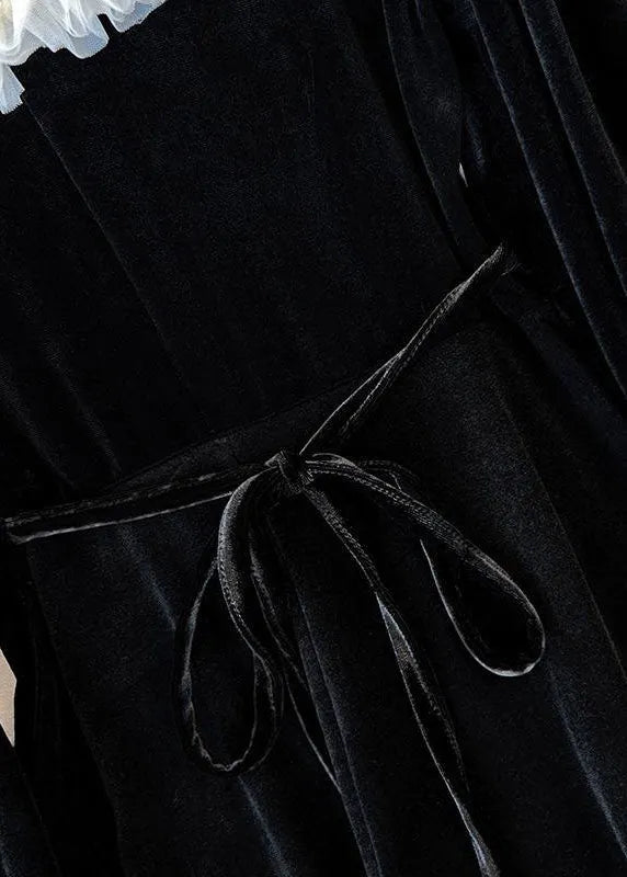 Fine Black O Neck Patchwork Ruffled Velour Mid Dress Spring
