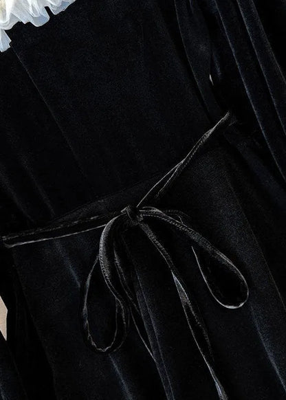 Fine Black O Neck Patchwork Ruffled Velour Mid Dress Spring