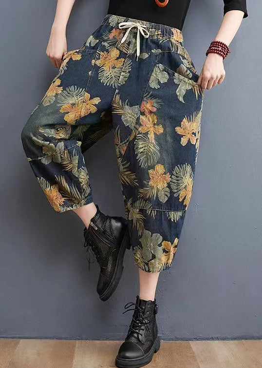 French Navy Elastic Waist Drawstring Pockets Print Denim Pants Spring