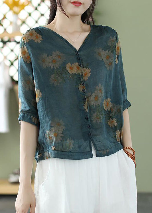 Blue V Neck Button Print Cotton Shirt Summer