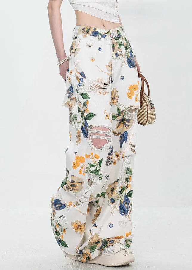 French Black Hole Print High Waist Denim Wide Leg Pants Summer