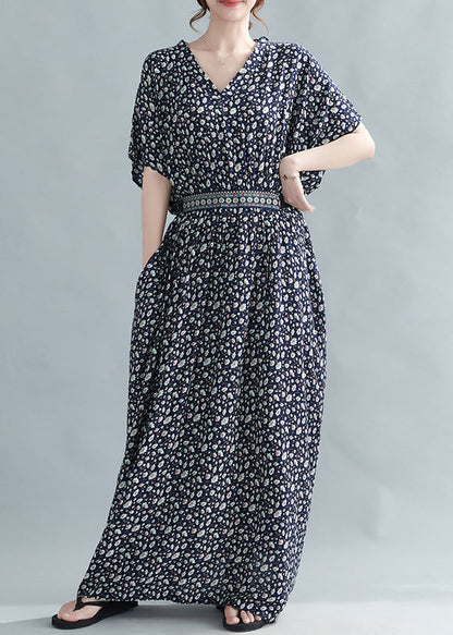 French Black Print Tie Waist Cottonlong Dress Batwing Sleeve