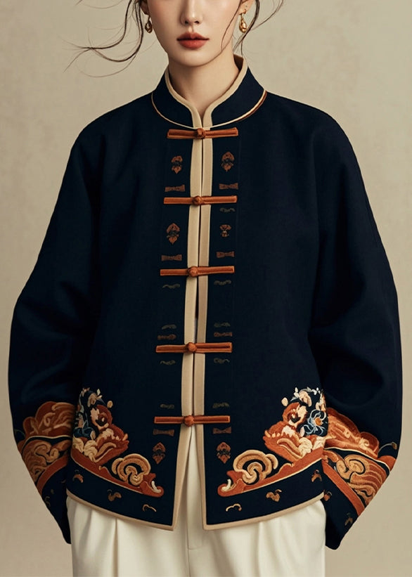 Chinese Style Navy Stand Collar Print Cotton Coats Spring