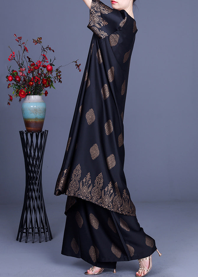 Black Side Open V Neck Silk Long Top and Pants Two Piece Set Outfits Summer