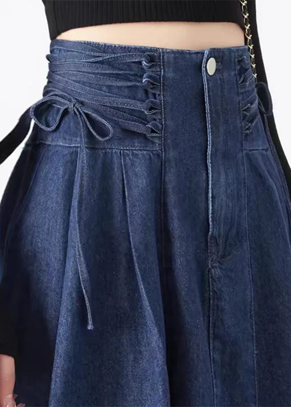 Navy Patchwork Tie Waist Denim Maxi Skirts Spring
