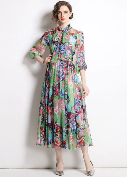 Green Zip Up Print Chiffon Cinch Dress Half Sleeve