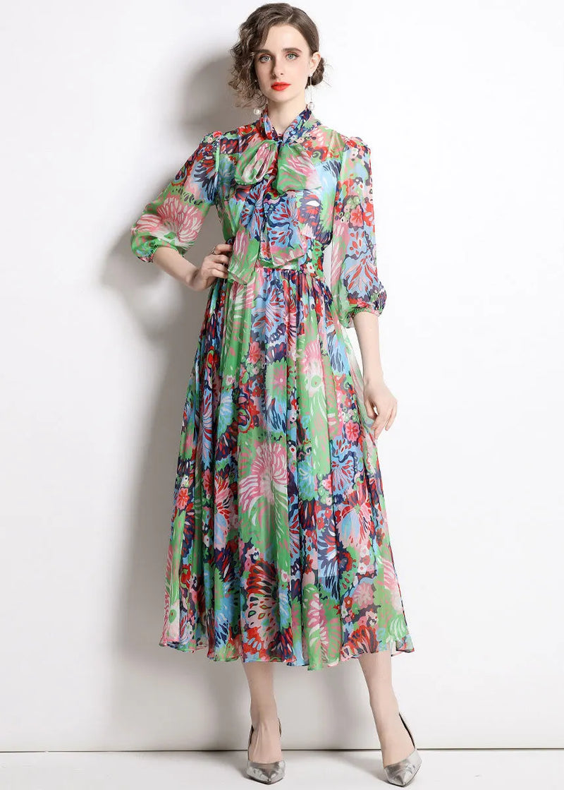 Green Zip Up Print Chiffon Cinch Dress Half Sleeve