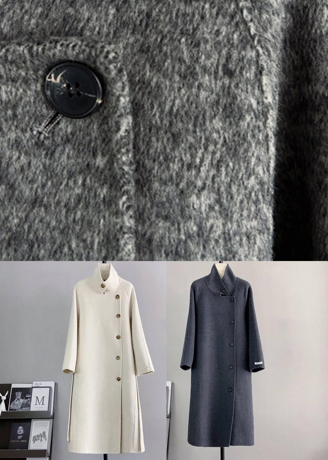 Dark Grey Stand Collar Tie Waist Woolen Coat Winter