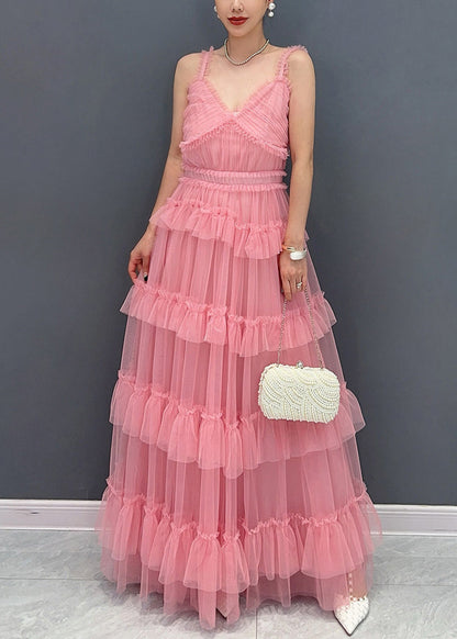 Pink V Neck Ruffled Tulle Spaghetti Strap Dress Sleeveless