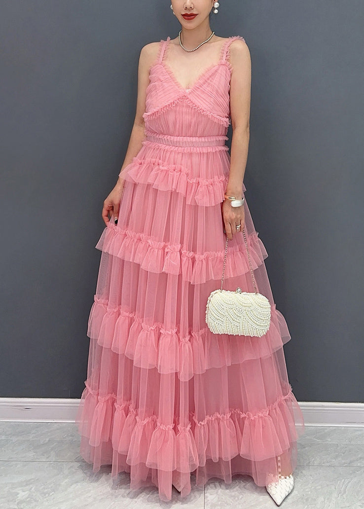 Pink V Neck Ruffled Tulle Spaghetti Strap Dress Sleeveless