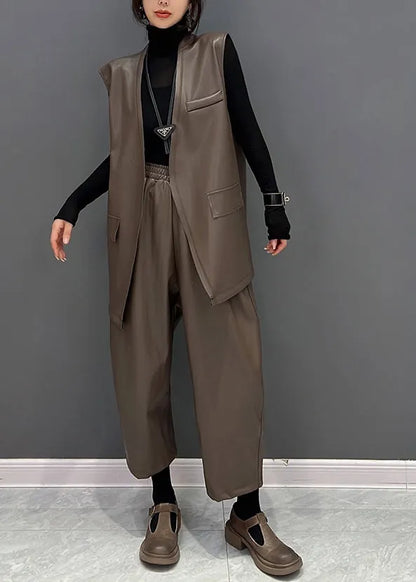 Brown V Neck Faux Leather Waistcoat and Straight Pants Two Pieces Set Fall