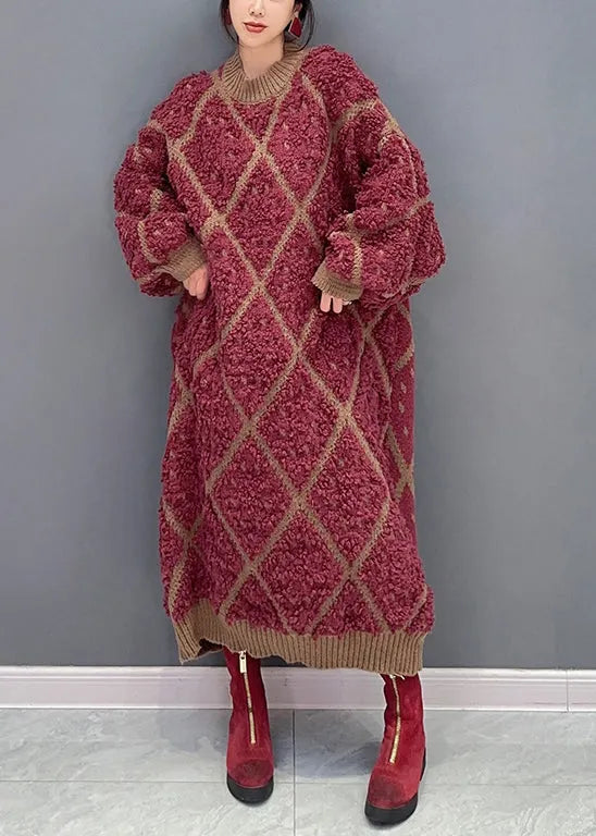 Red O Neck Plaid Patchwork Cotton Knit Dresses Long Sleeve
