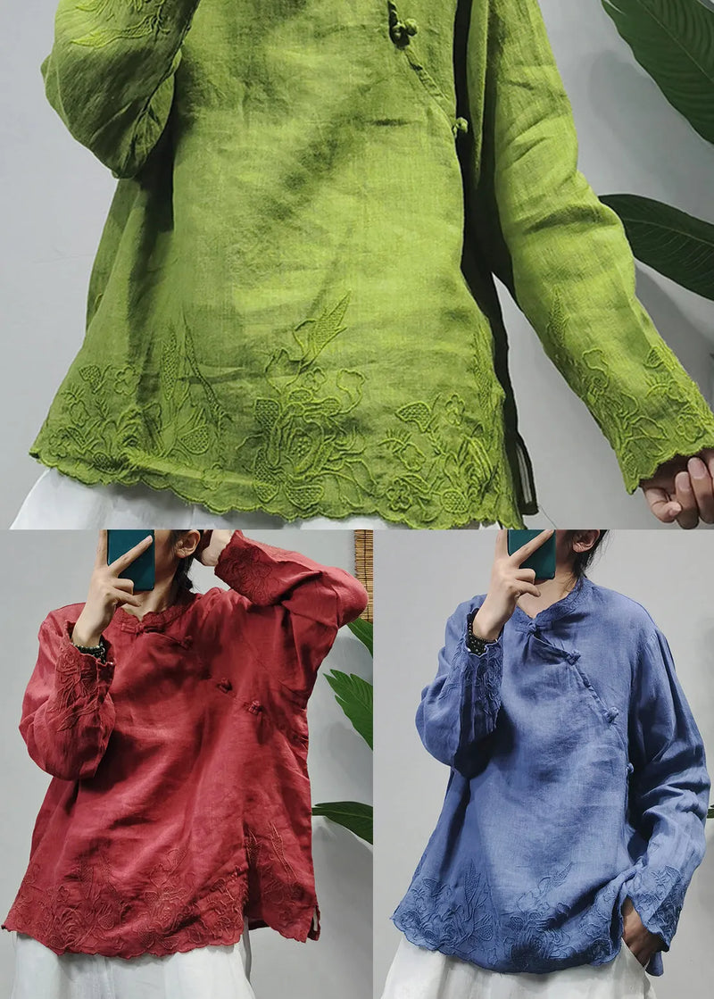Red Stand Collar Linen Blouse Tops Long Sleeve