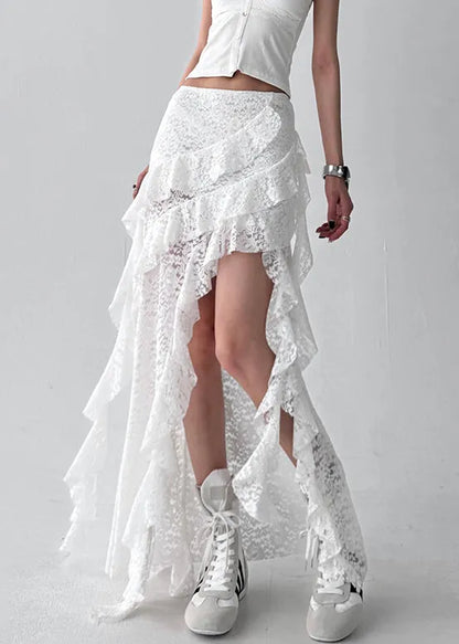 White Ruffled Lace Summer Skirt Asymmetrical