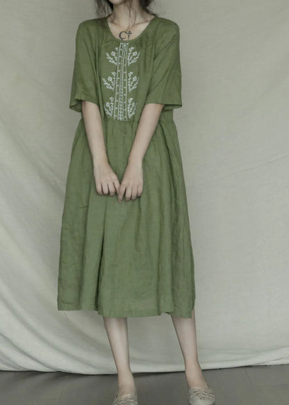 Green Embroideried Linen Dress Short Sleeve