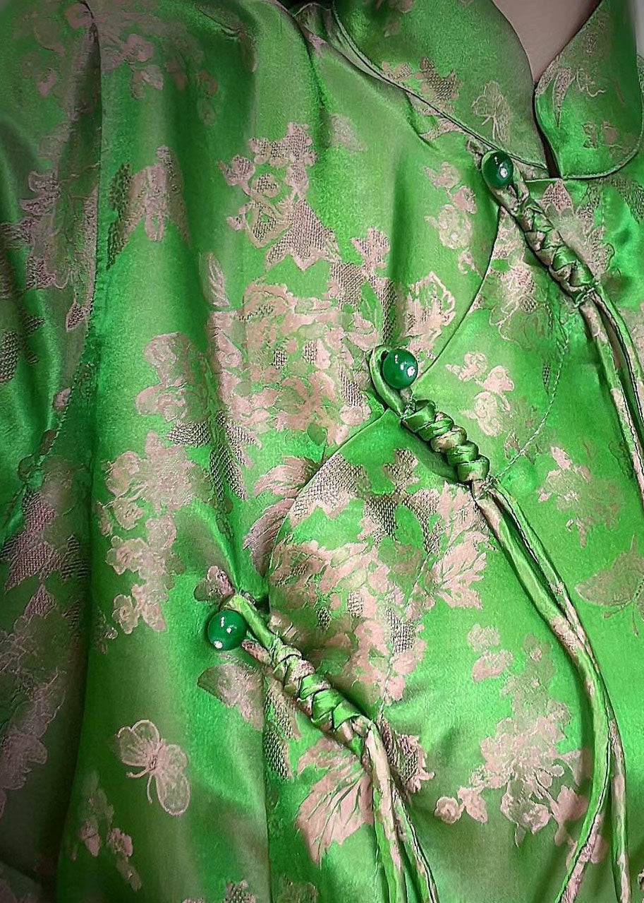 Chinese Style Green Button Stand Collar Jacquard Silk Coats Spring