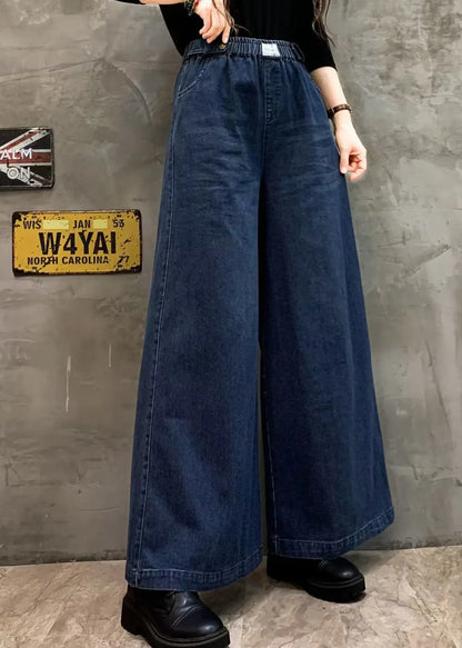 Blue Pockets Denim Wide Leg Pants Elastic Waist Fall