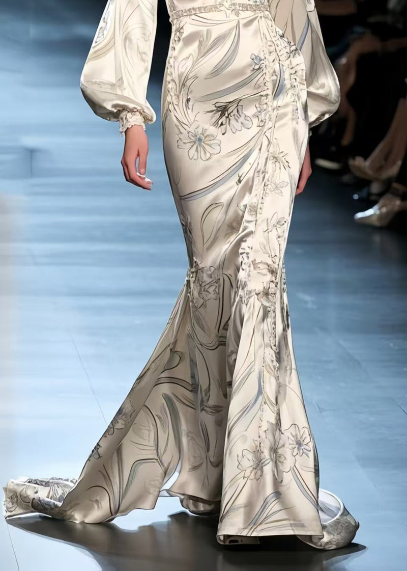 Silm Fit Beige Wraped Print Silk Fishtail Dress Lantern Sleeve