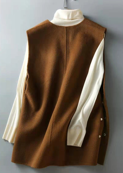 Brown Chocolate Side Open Button V Neck Woolen Vest Sleeveless