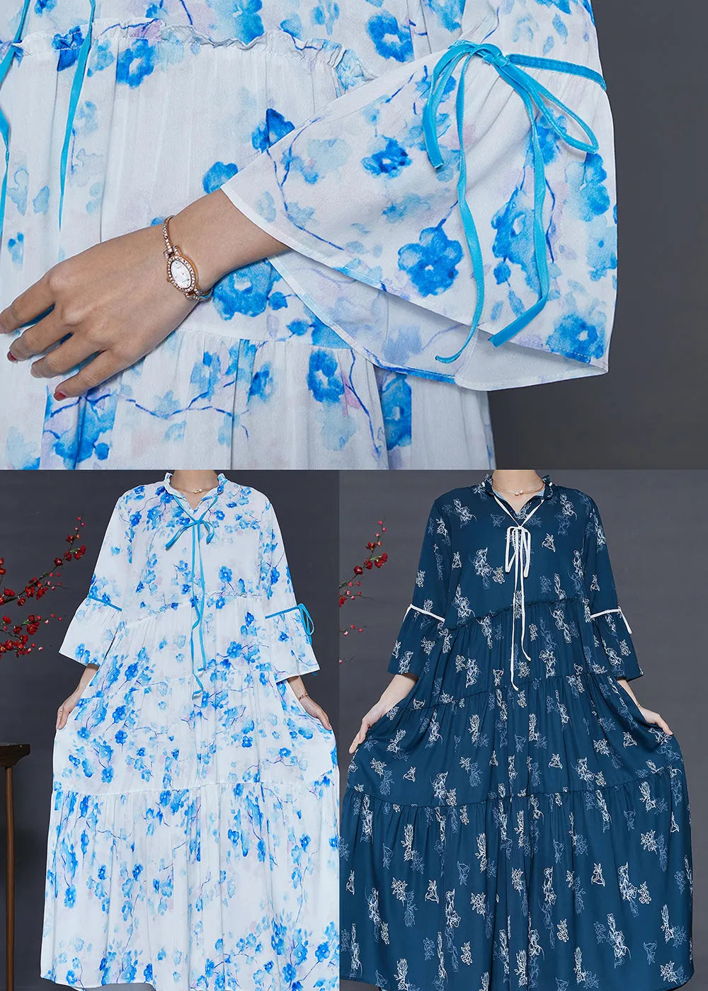Navy Print Cotton Holiday Dresses Exra Large Hem Summer