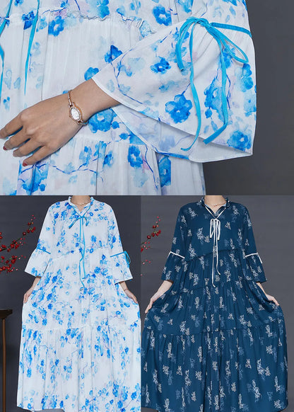 Navy Print Cotton Holiday Dresses Exra Large Hem Summer
