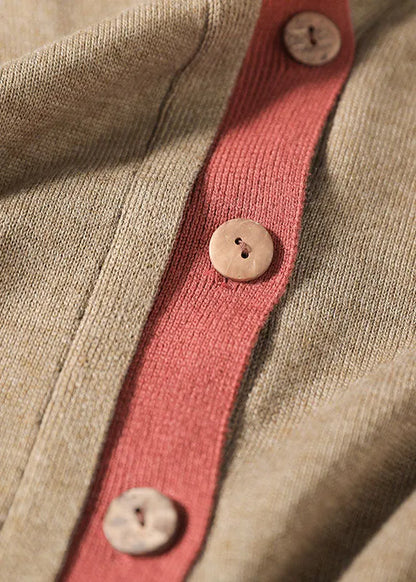Khaki Button V Neck Patchwork Knit Loose Cardigans Spring