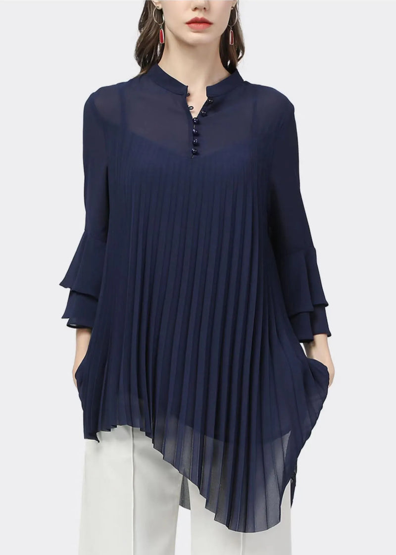 Modern Blue Stand Collar Asymmetrical Wrinkled Chiffon Shirt Tops Bracelet Sleeve