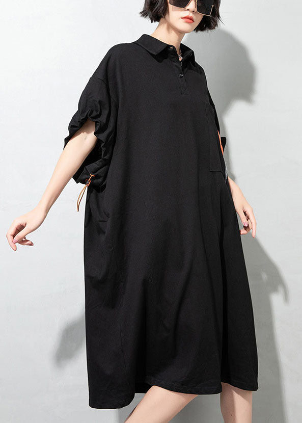 Simple Black Drawstring Pockets Peter Pan Collar Dresses Half Sleeve
