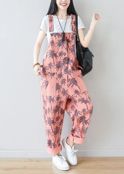 Pink Pockets Print Jumpsuits Spring