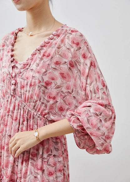 Pink Ruffled Print Chiffon Maxi Dresses Lantern Sleeve