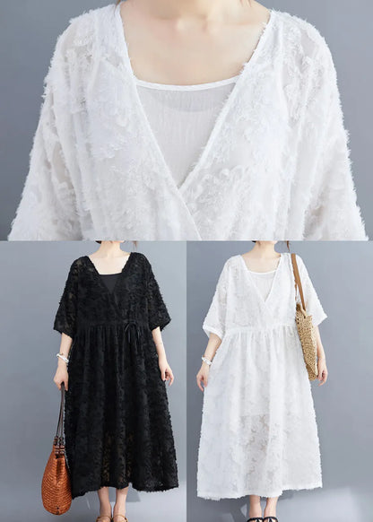 White Extra Large Hem Long Dress Two Pieces Sets Cinched Half Sleeve