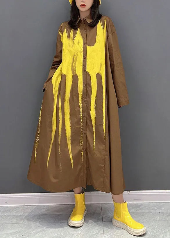 Yellow Oversized Tie Dye Cotton Holiday Dress Fall
